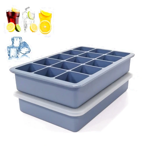 HANCELANT Ice Cube Trays 2 pack, Easy Release 15 Square Silicone Ice Cube Molds with Removable Lid Reusable Freezer Ice Trays Stackable for Whiskey, Baby Food, BPA Free