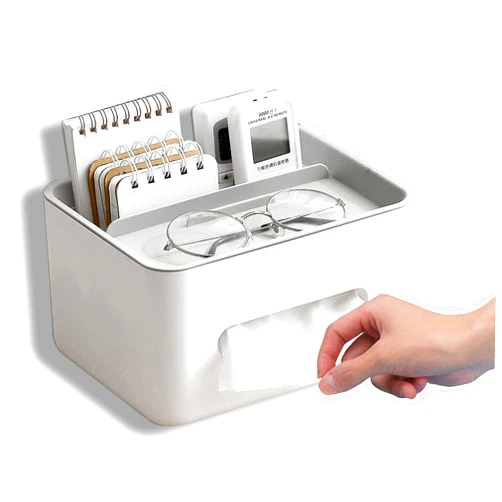 HTERDR Rectangular Tissue Box Cover Holder with Storage Napkin Tissue Box Holder with Stationery Remote Control Box Decorative Tissue Organizer for Home, Office, Car, Restaurant (Grey)