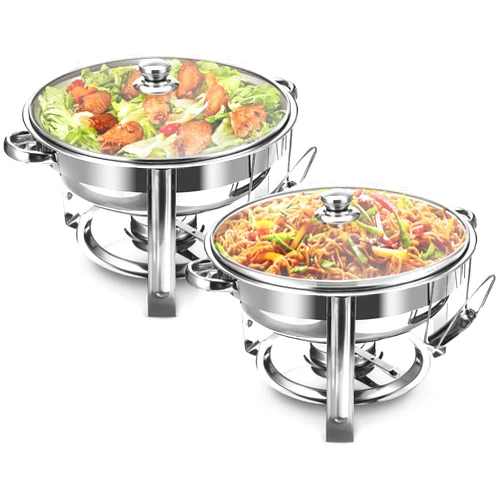 ALPHA LIVING 70012-R Dish Set of 2 – Complete Stainless Steel Chaffe Set with Glass Lids, Chafing Fuel Holder – Elegant and Practical Warmer Trays for Buffet, Wedding, Catering Supplies