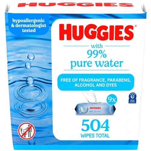 Huggies 99% Pure Water Baby Wipes, Unscented, 9 flip-top packs (3 Packs of 3), 504 Wipes Total, Packaging May Vary