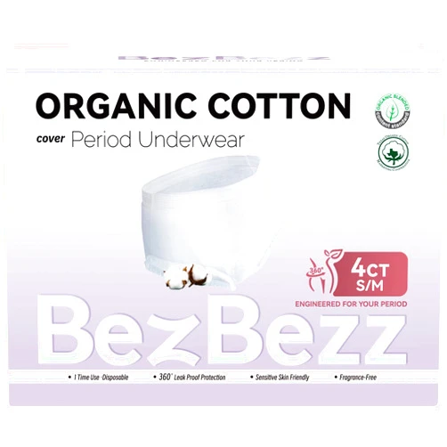 BezBezz Organic Disposable Period Underwear for Women S/M, Postpartum Panties, Heavy Flow Leak Proof Overnight Pads Diaper, Ultra Soft Keep Dry Fresh, Control Odor, Unscented for Sensitive Skin