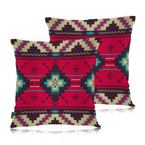 Swono Ethnic Geometric Decorative Throw Pillow Cushion Covers, Native American Style Aztec Pattern Cozy Pillowcase Home Decor Double-Sided Pillow Covers for Home Office Car 18x18 Set of 2, Red