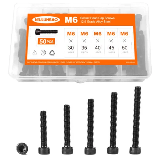 NIULUNBAO M6 x 30mm 35mm 40mm 45mm 50mm Hex Socket Head Cap Screws Bolts 12.9 Grade Alloy Steel, Black Oxide Finish, Metric Allen Hex Drive, Machine Fully Threaded, Assortment Kit 50PCS