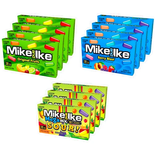 Snackathon Mike & Ike Chewy Candy Variety Pack, Theater Box, Original-Sour-Berry, 4.25 Ounce, 4 Boxes Each Flavor (Pack of 12)