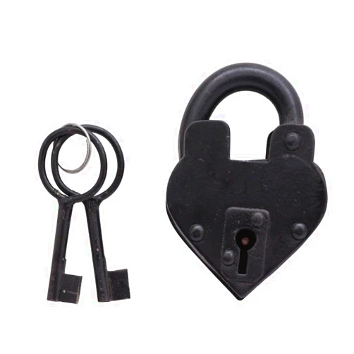 ROORKEE INSTRUMENTS (INDIA) A NAUTICAL REPRODUCTION HOUSE Heart Shape Padlock Victorian Style Heart Lock with Two Skelton Keys, Vintage Antique Preproduction, Anniversary Present, Wedding Favor Black