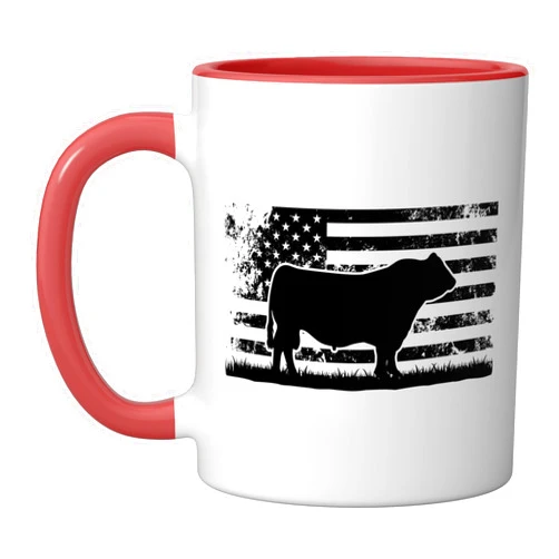 Funny Black Angus Rancher Gift for Cattle Lover USA American Flag - America Cow Black Angus Rancher Ceramic Mug, Red/White