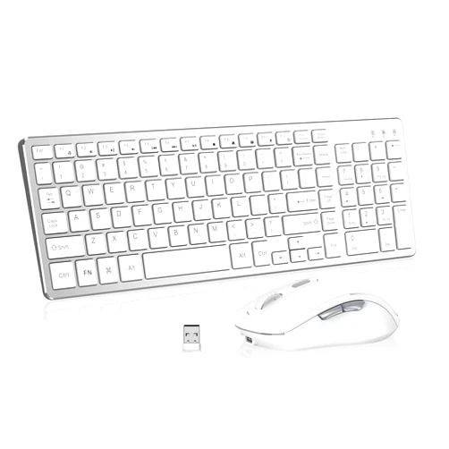 ACOZYKITTEN Wireless Keyboard Mouse Combo, Ultra Slim Computer Keyboard and 2400 DPI USB Silent Mouse with Invisible Light Design, Scissor Switch, for Laptop PC Chromebook Windows (KM202-Silver White)