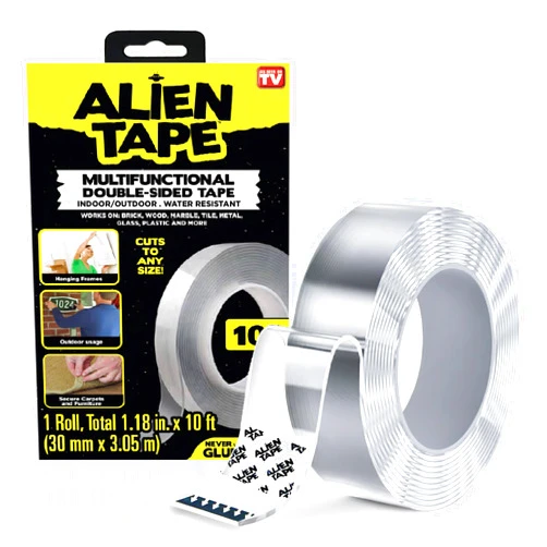 ALIEN TAPE Heavy Duty Double Sided Tape, Nano Tape, Feet Clear Adhesive Tape for Poster Photo Wall Decor As Seen on TV, (1 Roll - 10 Feet)