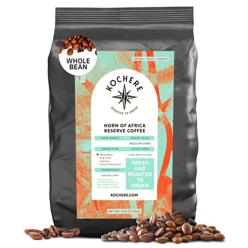 Kochere Horn of Africa Signature Reserve Espresso Blend - Medium Dark Roast Coffee Beans, Freshly Roasted To Order Whole Bean Coffee, Specialty Grade, Fair Trade and Non-GMO African Espresso Beans - 5LB