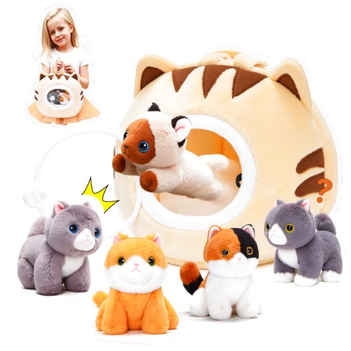 OUOZZZ Cat Stuffed Animal House – Plush Kitten Toy Set with 4 Soft Cats – Interactive & Travel-Friendly Playset for Toddlers & Kids – Huggable, Portable Birthday Gift for Baby Girls
