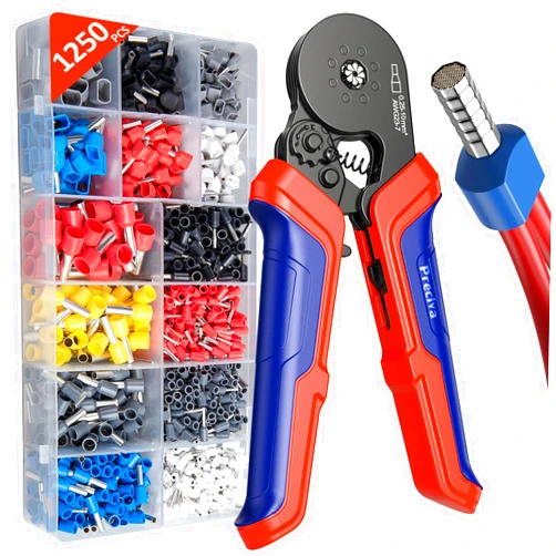 Preciva Ferrule Crimping Tool Kit, Octagonal Crimping Pliers with 1250PCS Single & Twin Ferrules Connectors, Self-Adjustable Ratchet Ferrule Terminals Crimper AWG 23-7