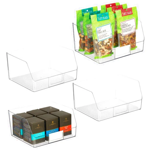 mDesign Wide Plastic Kitchen Food Storage Organizer Bin Basket with Open Front and Built-In Label Holder for Cabinets, Pantry - 12 Inch Width - 4 Pack - Clear