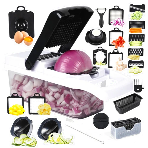 Pragtone Puletong vegetable cutting machine, dicing machine, onion cutting machine, 26 in one professional food multi-functional adjustable container vegetable cutting machine (26 in one black and white)