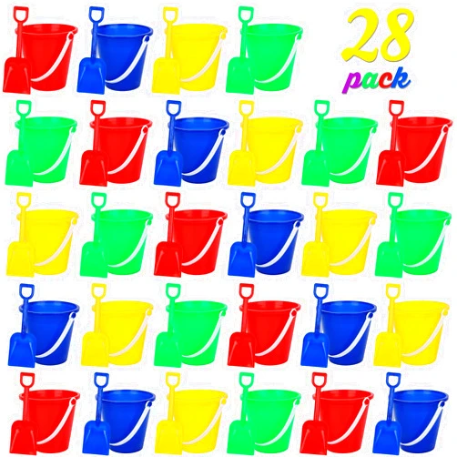 Shindel 28PCS Beach Buckets, Colorful Sand Buckets with Shovels Multi Purpose for Beach, Fun Summer Activities, and Beach Essentials, Classroom Prizes for Kids
