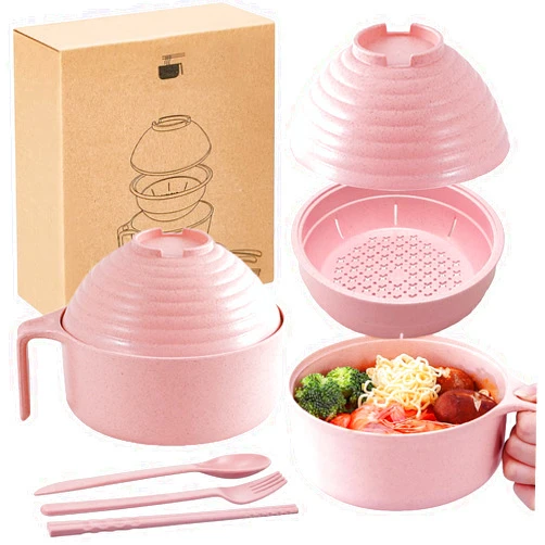 RDGDFONG Ramen Noodle Bowl Set Microwavable, 33 oz Quick Ramen Bowl, Ramen Cooker with Handle Spoon Chopsticks Fork College Dorm Room Apartment Essentials (Pink)