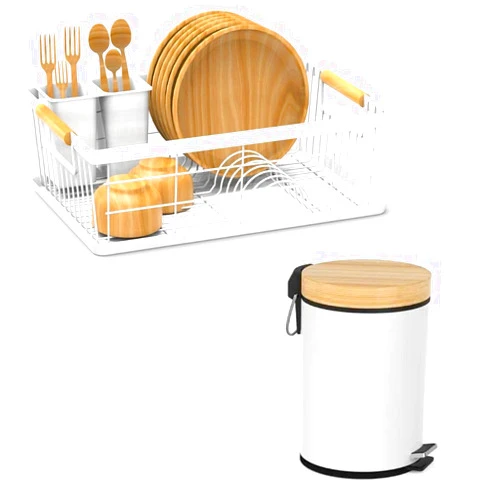 AppleTofu White Dish Drain Raick & White Trash Can (Bamboo Edition) - for Home & Office - Heavy Duty Construction with Aesthetic Design
