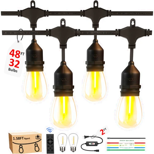 EIKOSON 50FT LED Outdoor String Lights with 32 Waterproof Bulbs(𝟏.𝟓𝐅𝐓 𝐁𝐮𝐥𝐛𝐬 𝐀𝐩𝐚𝐫𝐭), Remote & Dimmer, Commercial Grade Patio Lights with 3 Mode Light & Timing, 100PC Ties Outside, S14