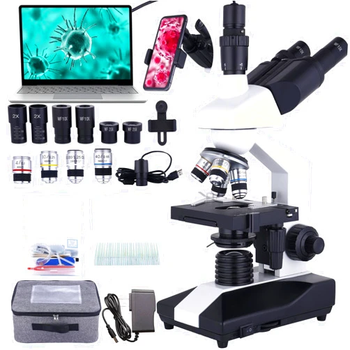 Herwicm Compound Trinocular Microscope 40X-5000X Magnification, Research Grade Professional Microscope, Two Levels of Mechanical Stage LED Illumination, USB Video Camera with Microscope for Adults