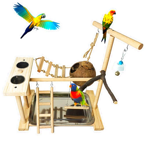 Hamiledyi Parrot Playground Bird Play Stand Natural Wood Parrot Perch Gym with Feeder Cups Cockatiel Nest with Ladder Lovebirds Cage Accessories Toy Exercise Activity Center for Cockatiel Lovebirds