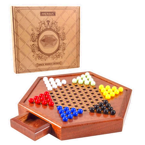 AMEROUS 12.5 inches Wooden Chinese Checkers Set with Storage Drawer - 60 Acrylic Marbles in 6 Colors - 12 BONUS Spare Marbles, Classic Strategy Family Board Game for Kids and Adults