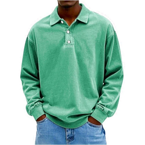 Scapodo Mens Polo Shirt Button Collared Long Sleeve Shirts for Men Retro Washed Pullover Tops Loose Fall Blouse Streetwear