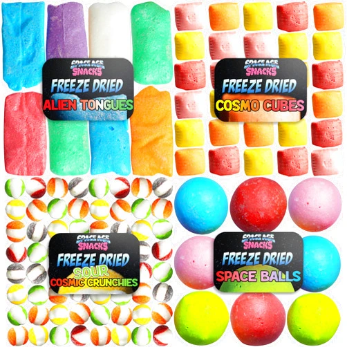 Space Age Snacks Premium Freeze Dried Candy Variety Pack with 4 Kinds of Candy - Alien Tongues, Cosmo Cubes, Sour Cosmic Crunchies, Space Balls and Stickers - Freeze Dried Candy Sampler Shipped in Box for Protection