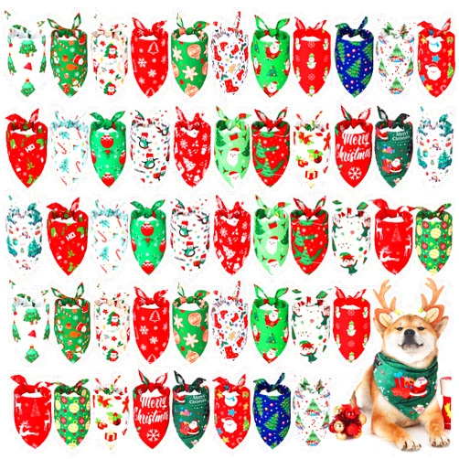 Abbylike 50 Pieces Christmas Dog Bandanas Bulk Xmas Dog Bandanas for Dogs Dog Kerchief Set Bibs Triangle Dog Scarf for Christmas Pet Costume Accessories Decoration (25.6 x 17.7 x 17.7)