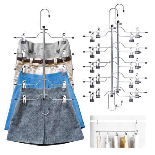 CINKSY Skirt Pants Hangers Space Saving 5 Tier Metal Skirt Hanger with Adjustable Clips Pants Trouser Hangers Closet Organizer for Jeans, Slacks, Shorts- 3 Pack