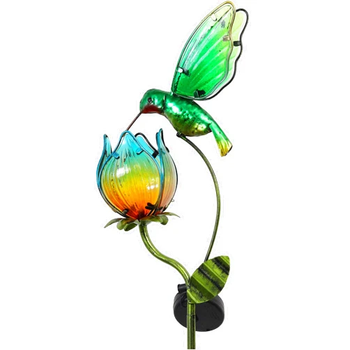 TERESA'S COLLECTIONS Glass Flower Bird Pathway Solar Outdoor Light for Garden Decor, 39'' Tulip and Hummingbird Metal Decorative Stakes Yard Art for Lawn Patio Porch Decorations, Gifts for Mom