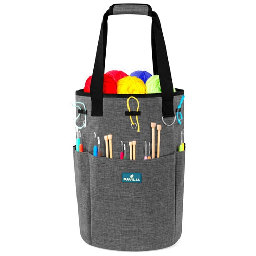 PAVILIA Crochet Bag Knitting Bag Organizer, Yarn Bag Storage Tote for Crocheting On The Go, Knitting Accessories Supplies Holder with Grommets, Gift for Crochet Lovers Knitters (Charcoal Gray)