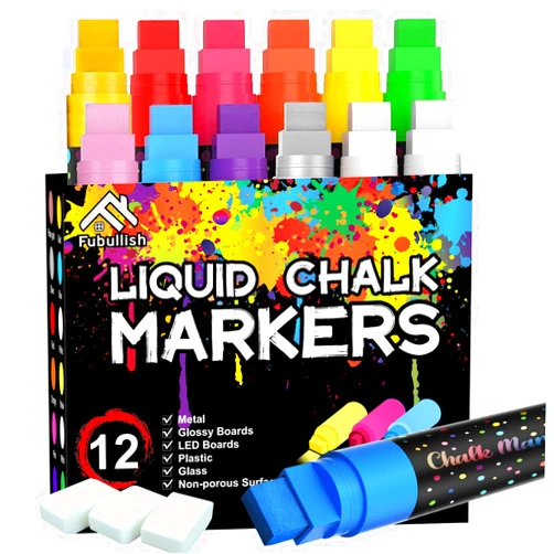 Fubullish Windows Markers for Car, 12 Pack Washable Glass Pen, 15mm Jumbo Metallic & Neon Paint Liquid Chalk Markers for Auto, Chalkboard, Blackboard, Bistro, Menus and Any Non-Porous Surface