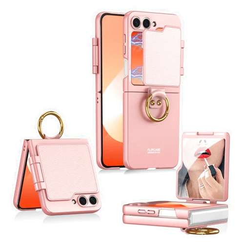 MOAITO for Samsung Galaxy Z Flip 6 Case with Flip Mirror & Ring Stand, Wireless Charging Cover Drop-Proof Shockproof Shell for Samsung Z Flip 6 (Pink)