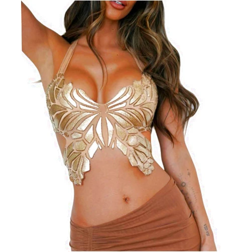 Yollmart Womens Glitter Butterfly Crop Top Low-Cut Tank Top Rave Tube Vest Top Belly Dance Cami Costume Outfits