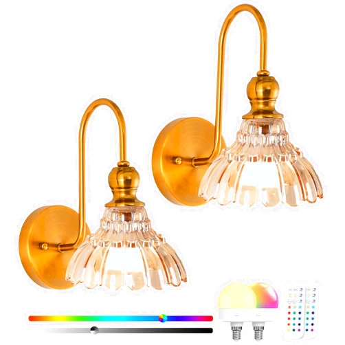 Rnzziw Vintage Battery Operated Wireless Wall Sconces, Rechargeable Battery with Flower Glass Shade Wall Lights,Farmhouse Vanity Lamp with Remote for Dining Room Hallway Living Room, Set of Two (Amber)