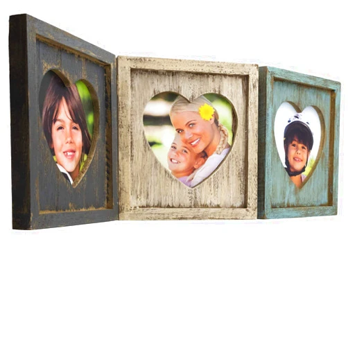 EXCELLO GLOBAL PRODUCTS Rustic Heart Shaped Photo Collage: Holds 3 Pictures, Folding Hinge, Shabby Chic, Distressed Wood, for Table Top or Wall Display. Holds Triple 5.25