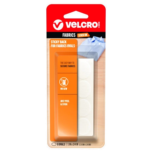 VELCRO Brand For Fabrics | Permanent Sticky Back Fabric Tape for Alterations and Hemming | Peel and Stick - No Sewing, Gluing, or Ironing | Pre-Cut Ovals, 1 x 3/4 inch, White - 8 Sets