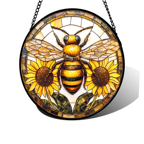 DASTOLL Stained Glass Window Hanging - Bee Sunflower Yellow Suncatcher Ready to Hang Window Doors Home Decoration and Christmas, Mother's Day Birthday Gifts for Women, Men, and Mom 7.8x7.8 in