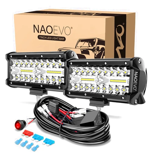 NAOEVO 7 inch LED Light Bar, 240W 24,000LM Offroad Fog/Driving Lights LED Pods with 2 Leads Wiring Harness Kit, Spot Flood Combo Beam, LED Work Lights for Truck Boat UTV ATV Jeep, 2-Pack (White)