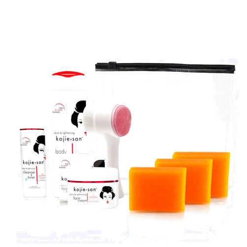 Kojie San Face & Body Complete Brightening Set - 3 x 100g Bars Soap, Body Lotion, Face Cream, Toner, and Face Cleansing Brush - 7pcs