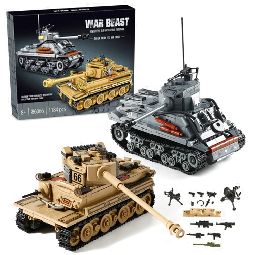 MISTBUY WW2 Army Tank Toys Building Kit, Create a German Tiger & an American M4 Sherman Tank Models with 1184 Blocks, Great Military Gifts for Boys Kids Age 8-14