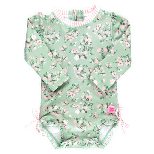 RuffleButts Baby Girls UPF 50+ Sun Protection Floral Printed Long Sleeve One Piece Rash Guard Swimsuit with Zipper