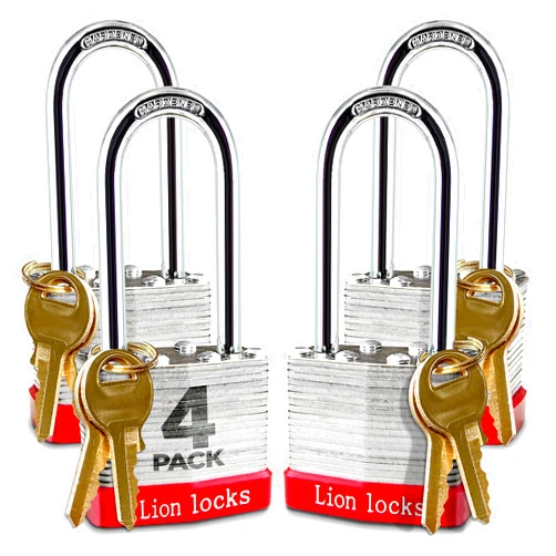 Lion Locks 4 Keyed-Alike Padlocks w/ 2” Long Shackle, 8 Keys, Hardened Steel Pad Lock, Pick Resistant Brass Pin Cylinder (Pack of 4)