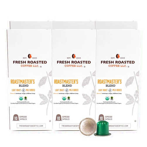 Fresh Roasted Coffee for Nespresso OriginalLine, Fair Trade Organic Roastmaster's Blend, Intensity 4, Light, 60 Count Aluminum Capsules