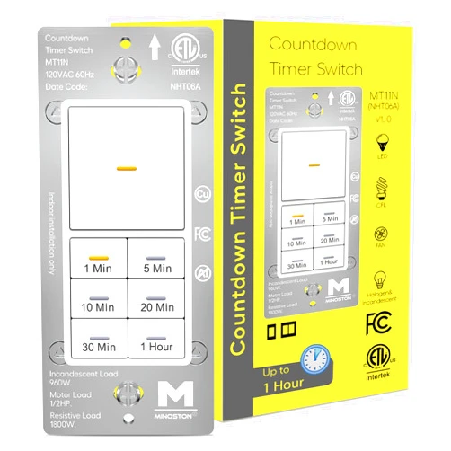 Minoston 1 Hour Countdown Timer Switch 1-5-10-20-30-60 Min, Timer Switch for Bathroom Fans, Heaters, Lights, Neutral Wire Required, ETL and FCC Listed, 120VAC 60Hz, White(MT11N)