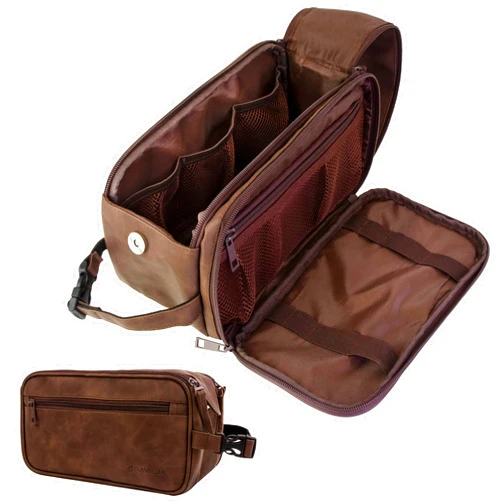 PAVILIA Toiletry Bag for Men, Travel Essentials Shaving Dopp Kit, Mens Travel Bag Toiletries Organizer Case for Grooming, PU Leather Water Resistant Cosmetic Bag Pouch (Dark Brown)