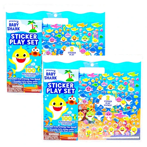 Baby Shark Sticker Play Set Bundle Pack by Horizon Group USA, 2 Count, Over 200 Reusable Stickers, 2 Double-Sided Fold & Play Scenes, Pinkfong Puffy Stickers for Kids