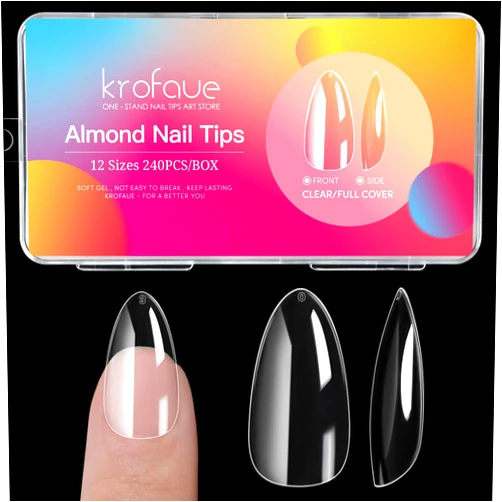 Krofaue Short Almond Nails Tips krofaue 240Pcs Soft Gel Clear Nail Tips No Crease Pre-shape Oval Shape Nails 12 Sizes Artificial Acrylic False Nails Full Cover Press on Nails for Home DIY Nail Tips Art