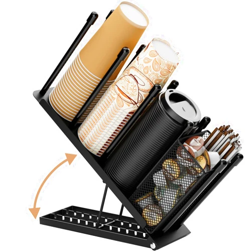 Ovicar Cup and Lid Holder - Adjustable Coffee Cup Holder Organizer 4 Compartment Disposable Cup Dispenser with Coffee Pod Straw Storage Basket for Coffee Station Bar Countertop Breakroom Metal Black