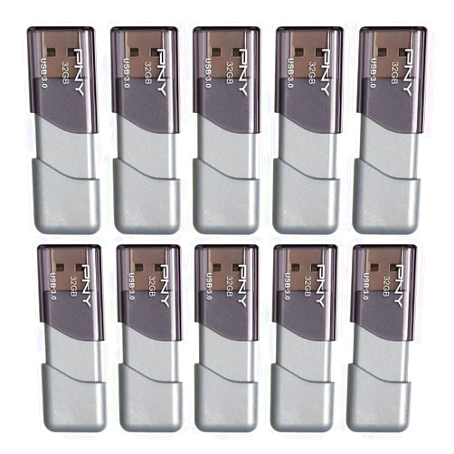 PNY 32GB Turbo Attaché 3 USB 3.0 Flash Drive, Silver (Pack of 10)