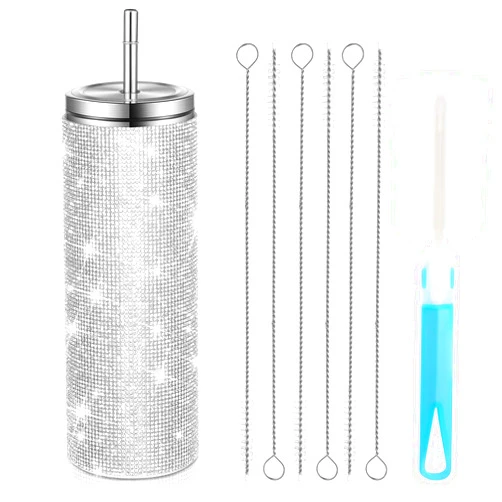 Mimorou Glitter Water Bottles Diamond Bling Cup 20oz Rhinestone Stainless Steel Water Bottle Insulated Cups with Straws Christmas Water Bottle with Cup Brushes 6 Pcs Straw Brushes for Women (Silver)